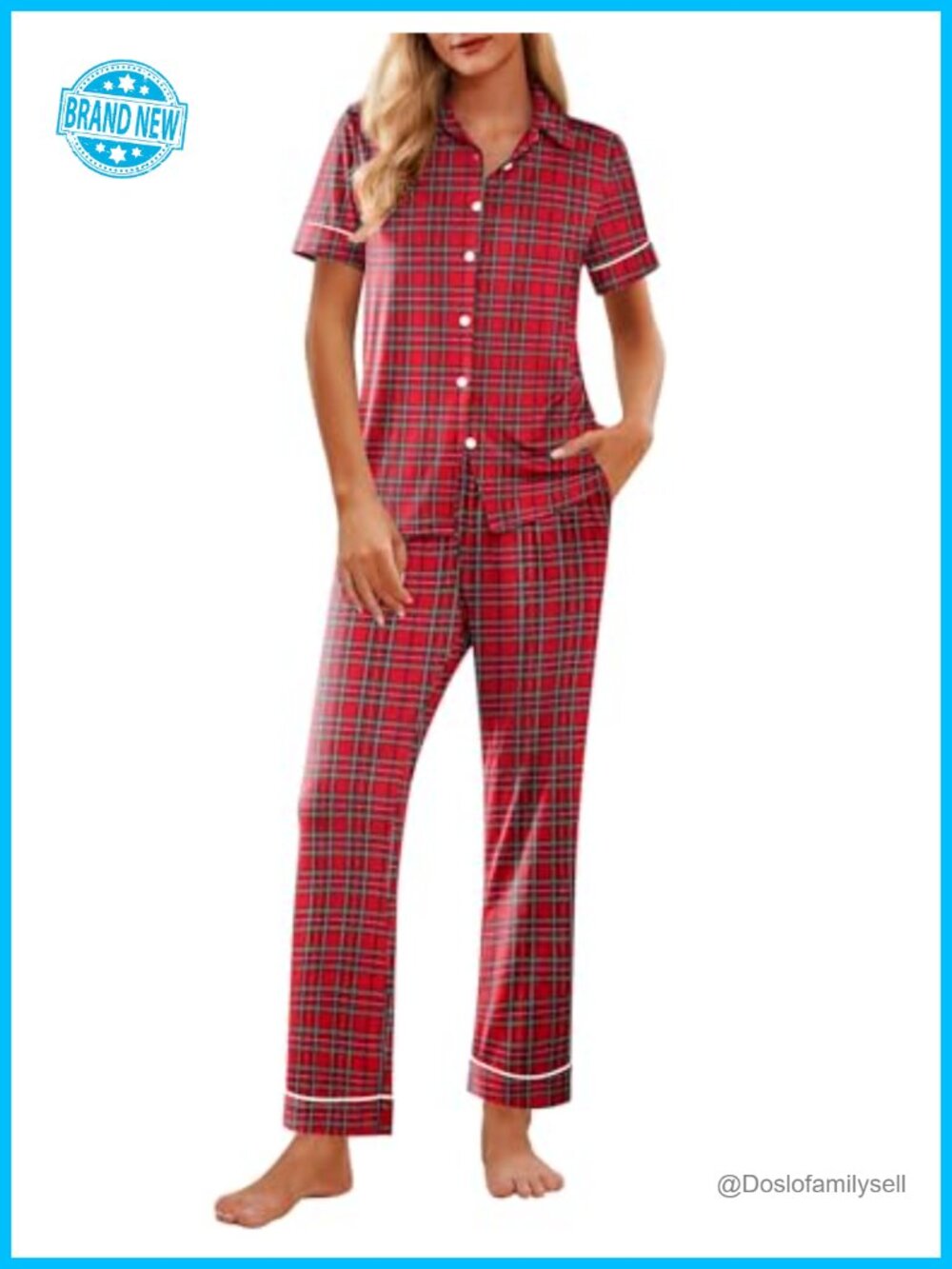 Ekouaer Women's 2 Piece Pajama Set Button Down Short Sleeve Long Pants Lounge